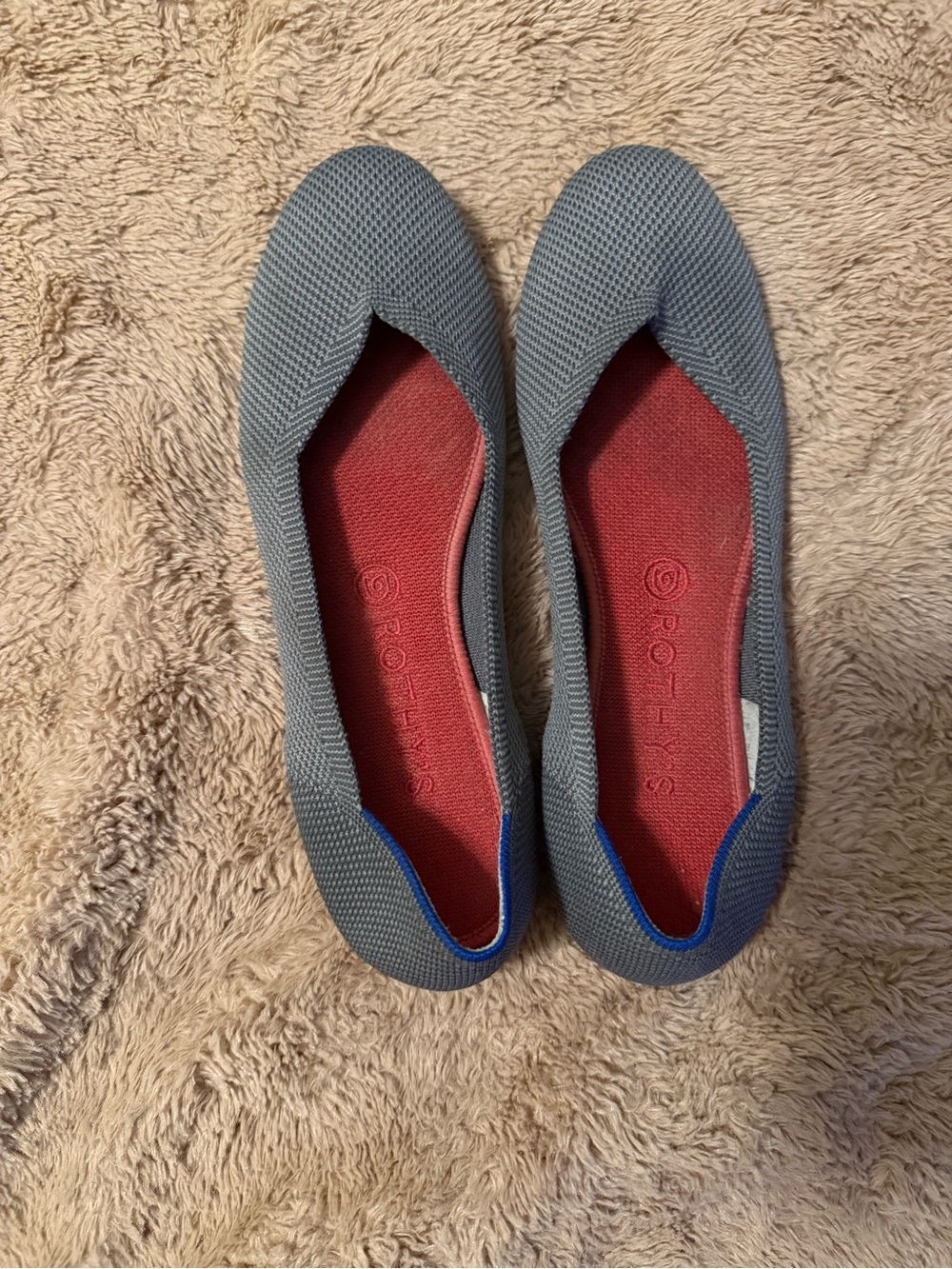 Rothy's Gray Knit Ballet Flats with Red Insole and Blue Heel Trim